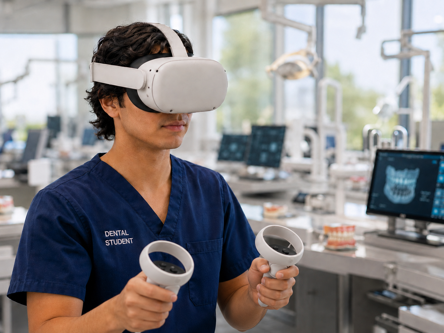 Dental student wearing a VR headset and holding controllers